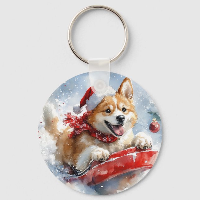 Akita Dog in Sledge Let it Snow Christmas Key Ring (Front)