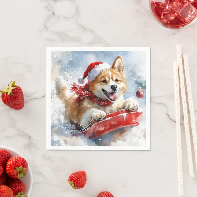 Akita Dog in Sledge Let it Snow Christmas Napkin (Insitu)
