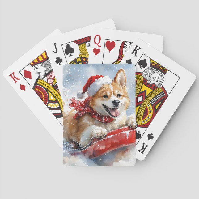 Akita Dog in Sledge Let it Snow Christmas Playing Cards (Back)