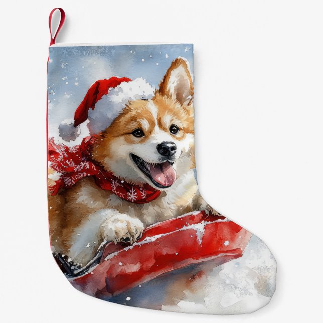 Akita Dog in Sledge Let it Snow Christmas Small Christmas Stocking (Front)
