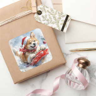 Akita Dog in Sledge Let it Snow Christmas Square Sticker