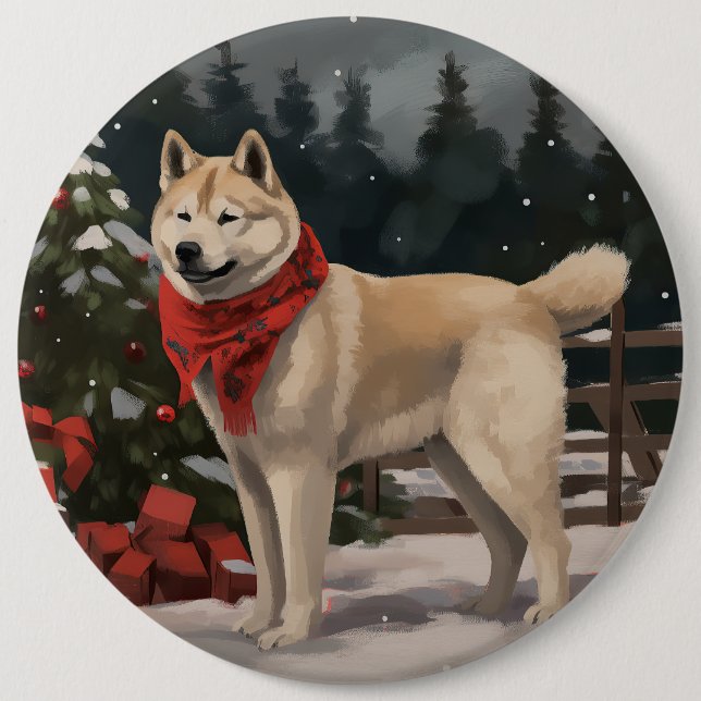 Akita Dog in Snow Christmas 6 Cm Round Badge (Front)