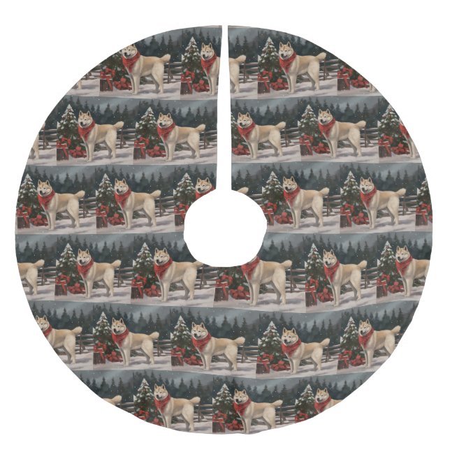 Akita Dog in Snow Christmas Brushed Polyester Tree Skirt (Front)