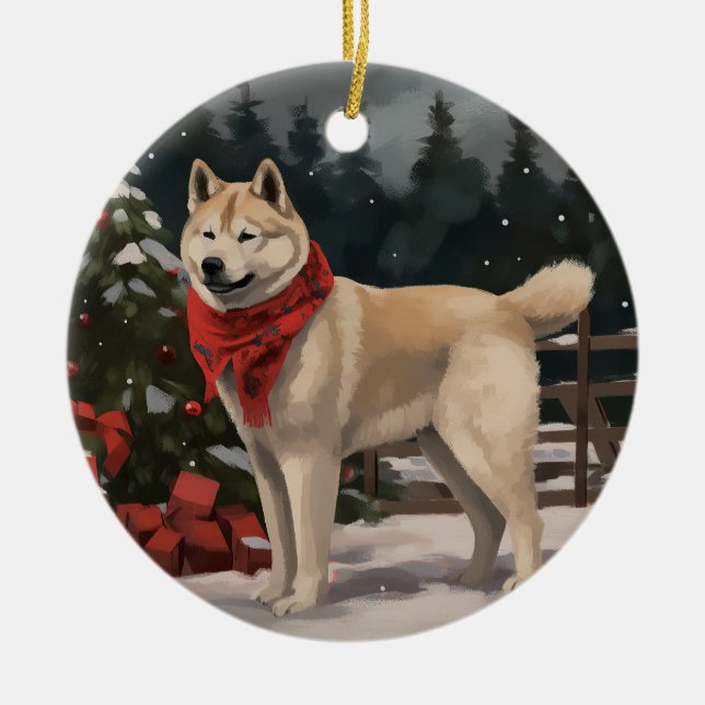 Akita Dog in Snow Christmas Ceramic Tree Decoration (Front)