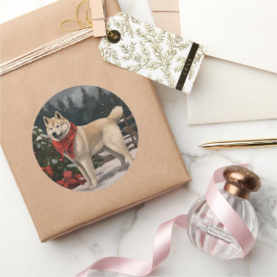 Akita Dog in Snow Christmas Classic Round Sticker