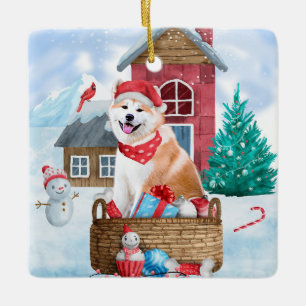 Akita Dog In snow Christmas Dog House Ceramic Ornament