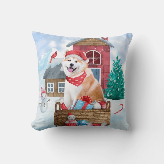 Akita Dog In snow Christmas Dog House Cushion (Front)