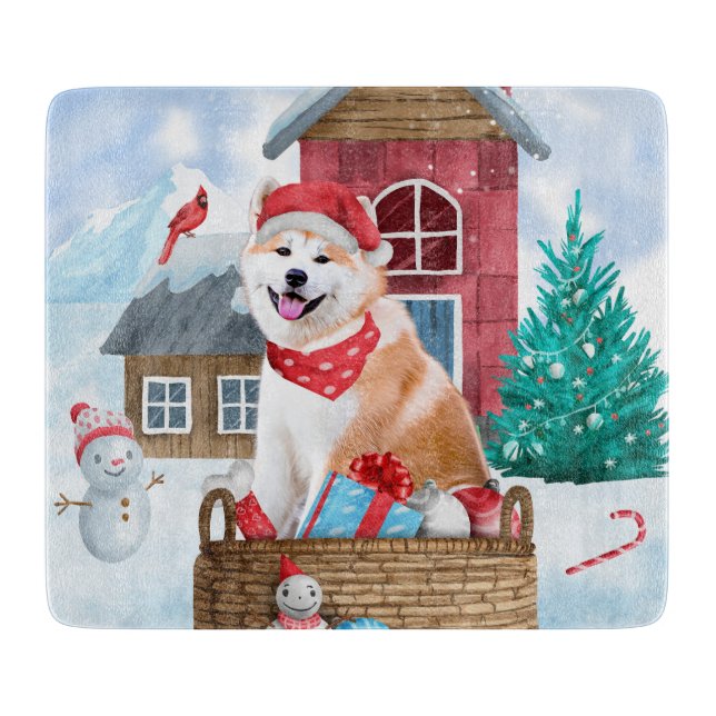Akita Dog In snow Christmas Dog House Cutting Board (Front)