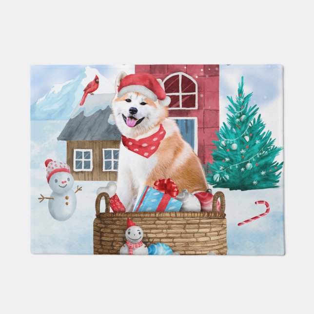 Akita Dog In snow Christmas Dog House Doormat (Front)