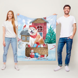 Akita Dog In snow Christmas Dog House Fleece Blanket