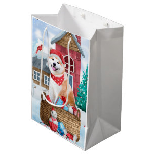 Akita Dog In snow Christmas Dog House Medium Gift Bag