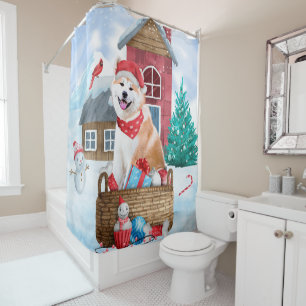 Akita Dog In snow Christmas Dog House Shower Curtain