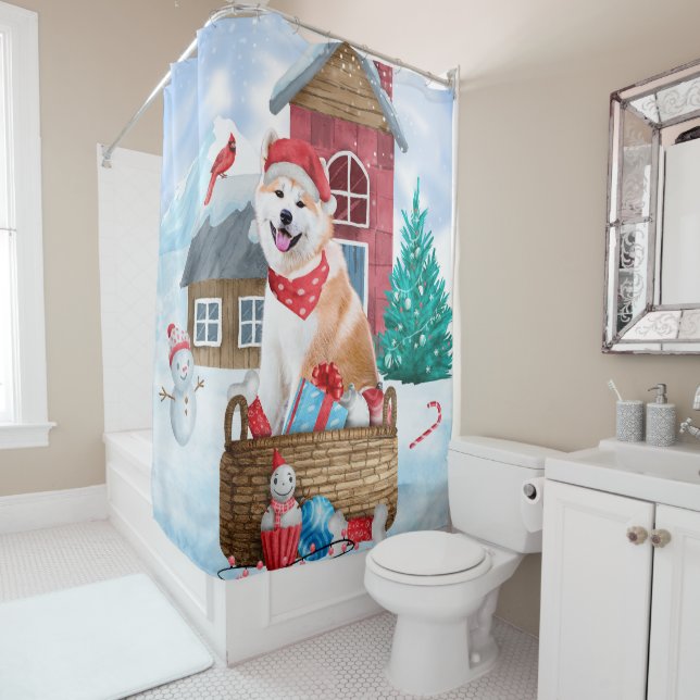 Akita Dog In snow Christmas Dog House Shower Curtain (In Situ)