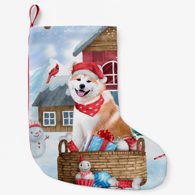Akita Dog In snow Christmas Dog House Small Christmas Stocking (Front)