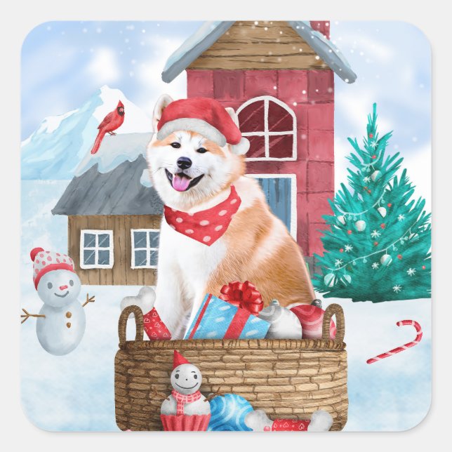 Akita Dog In snow Christmas Dog House Square Sticker (Front)