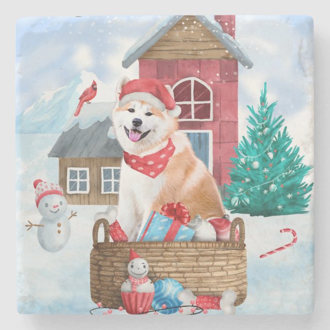 Akita Dog In snow Christmas Dog House Stone Coaster (Front)
