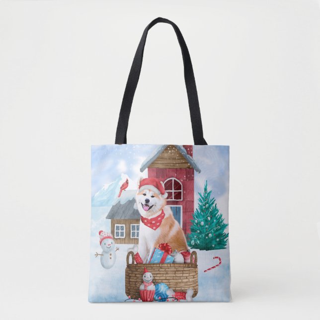 Akita Dog In snow Christmas Dog House Tote Bag (Front)
