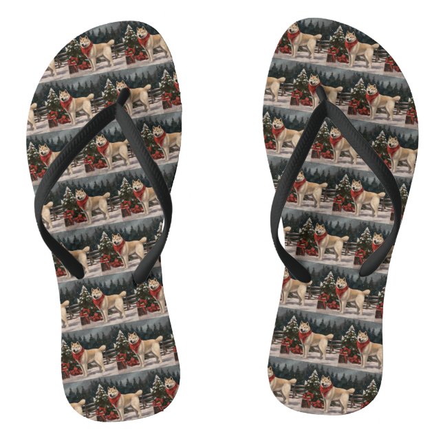 Akita Dog in Snow Christmas Flip Flops (Footbed)
