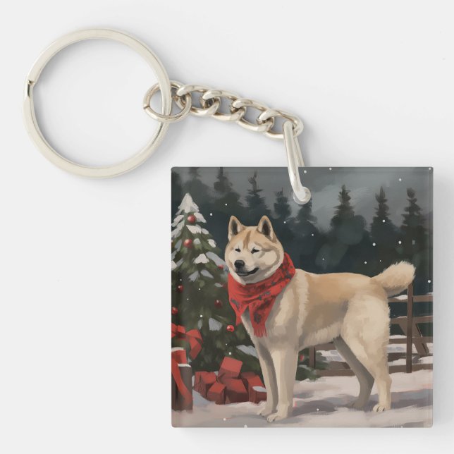 Akita Dog in Snow Christmas Key Ring (Front)