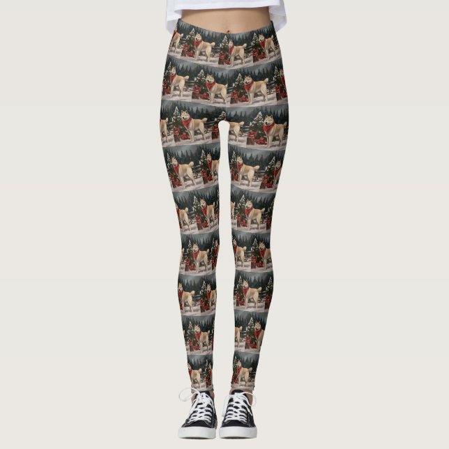 Akita Dog in Snow Christmas Leggings (Front)