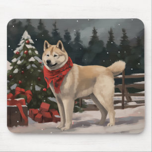 Akita Dog in Snow Christmas Mouse Mat