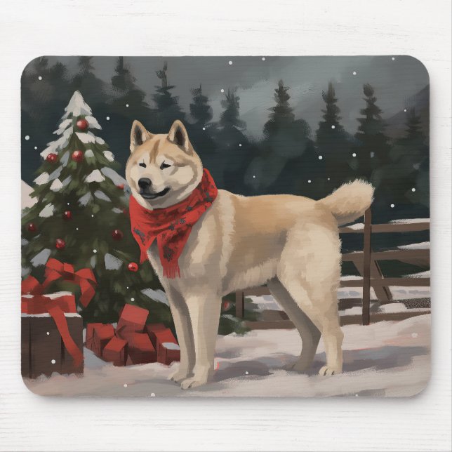 Akita Dog in Snow Christmas Mouse Mat (Front)