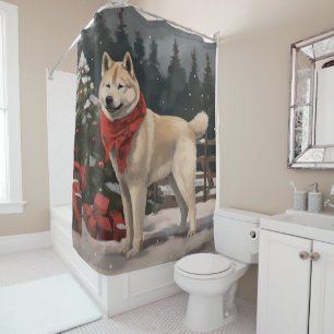 Akita Dog in Snow Christmas Shower Curtain
