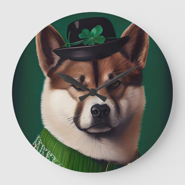 akita dog in St. Patrick's Day Dress Large Clock (Front)