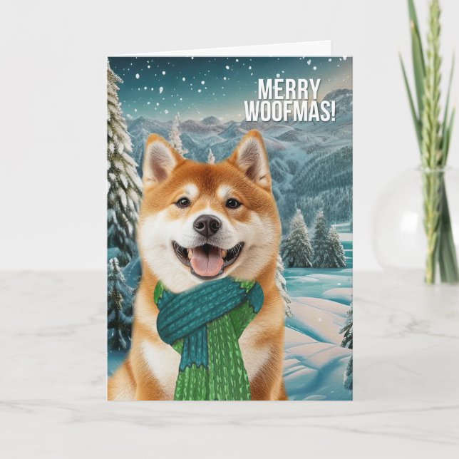 Akita Dog in Winter Scarf Merry Woofmas Holiday Card (Front)