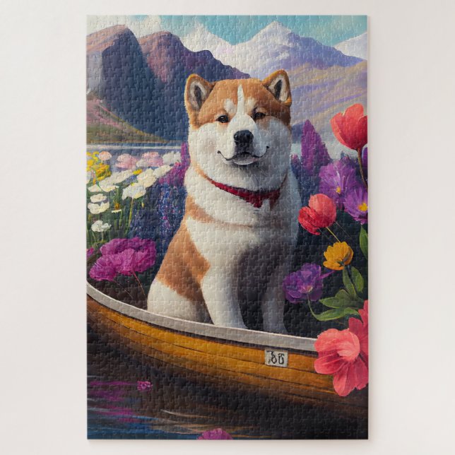 Akita Dog on a Paddle: A Scenic Adventure Jigsaw Puzzle (Vertical)