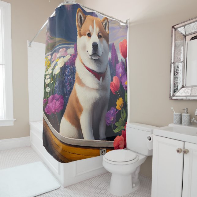 Akita Dog on a Paddle: A Scenic Adventure Shower Curtain (In Situ)