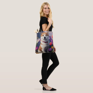 Akita Dog on a Paddle: A Scenic Adventure Tote Bag