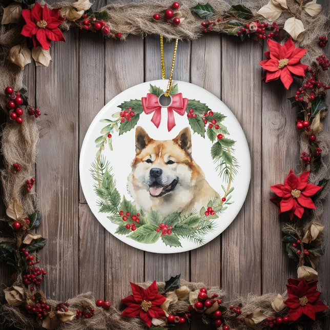 Akita Dog Red Bow Holly Wreath Ceramic Tree Decoration (Creator Uploaded)