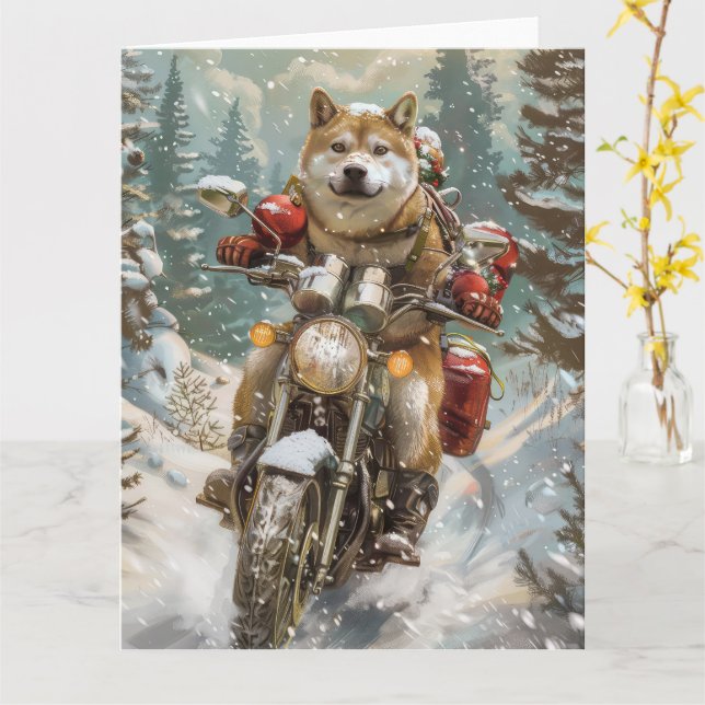 Akita Dog Riding Motorcycle Christmas Card (Yellow Flower)