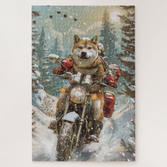 Akita Dog Riding Motorcycle Christmas Jigsaw Puzzle (Vertical)