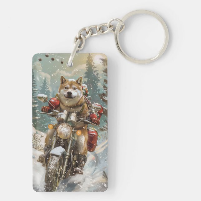 Akita Dog Riding Motorcycle Christmas Key Ring (Back)