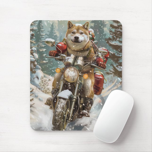 Akita Dog Riding Motorcycle Christmas Mouse Mat (With Mouse)