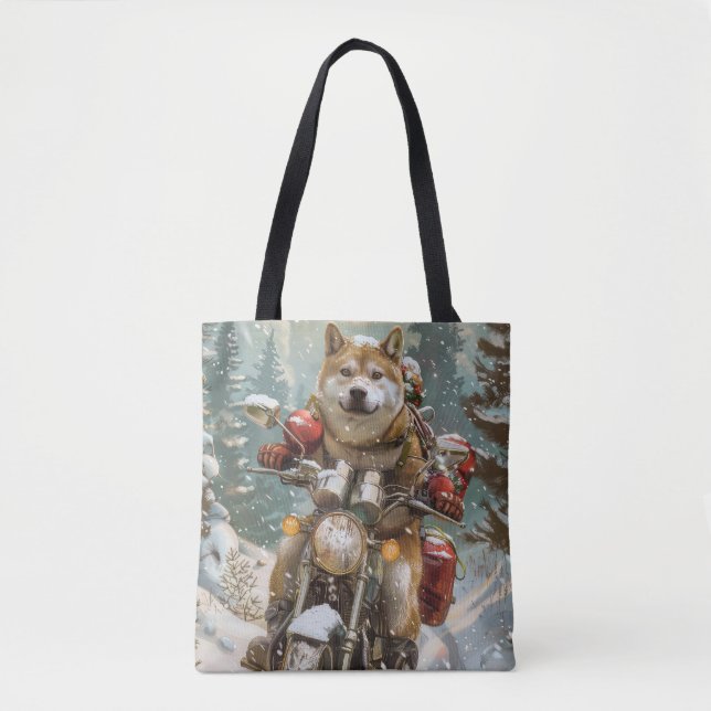 Akita Dog Riding Motorcycle Christmas Tote Bag (Front)