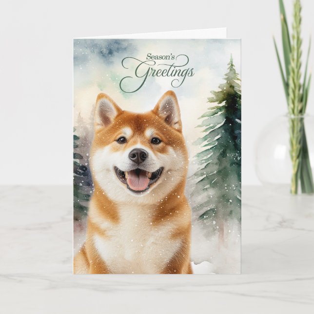Akita Dog Season's Greetings Woodland Holiday Card (Front)