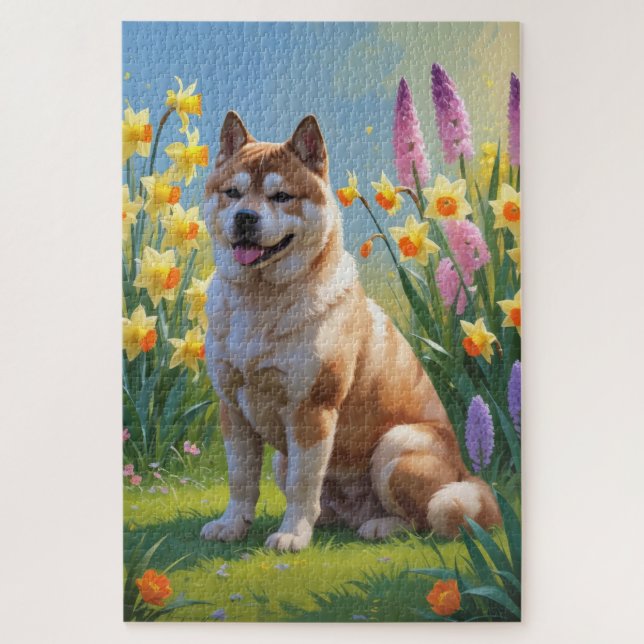 Akita Dog Spring Flowers Painting Jigsaw Puzzle (Vertical)