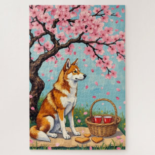 Akita Dog Valentine's Day Cherry Blossom Picnic Jigsaw Puzzle