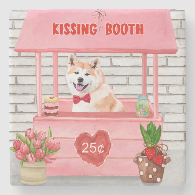 Akita Dog Valentine's Day Kissing Booth Stone Coaster (Front)