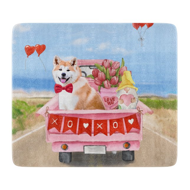 Akita Dog Valentine's Day Truck Hearts Cutting Board (Front)