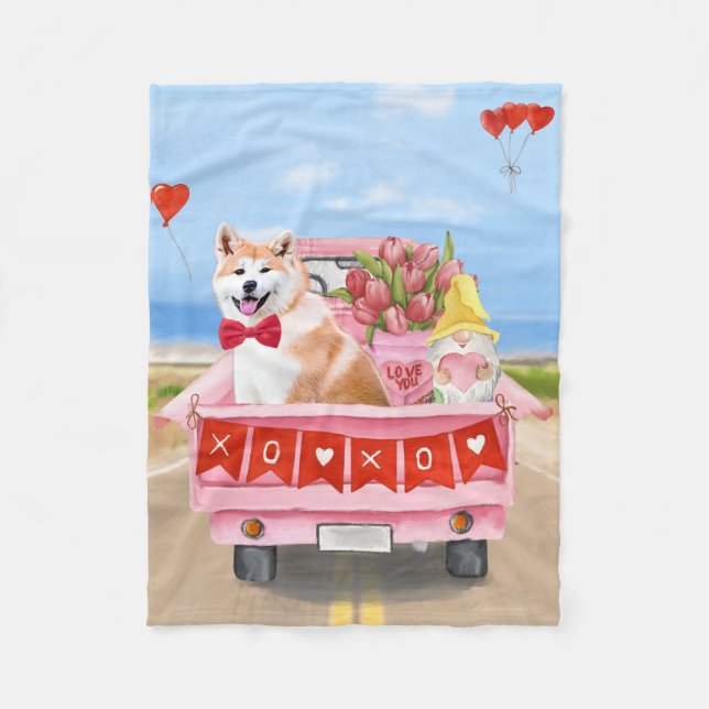 Akita Dog Valentine's Day Truck Hearts Fleece Blanket (Front)