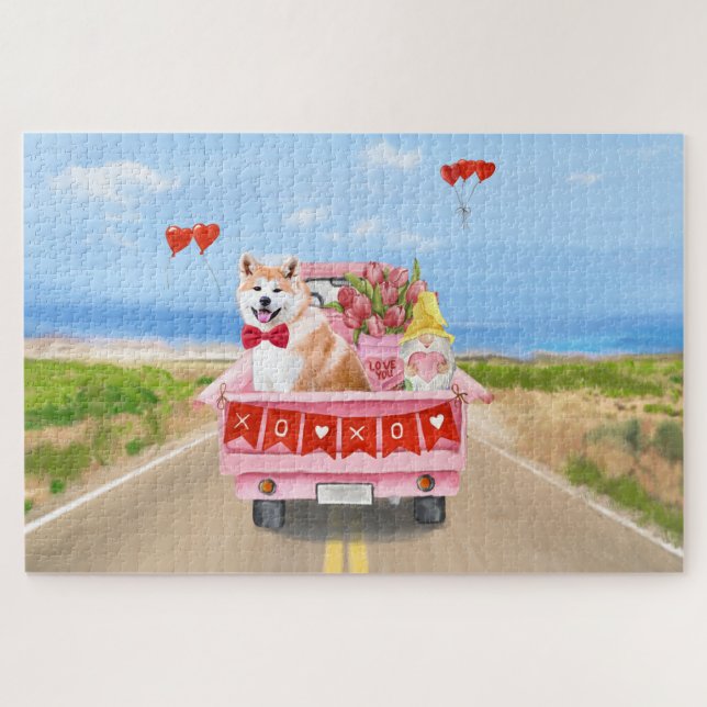 Akita Dog Valentine's Day Truck Hearts  Jigsaw Puzzle (Horizontal)