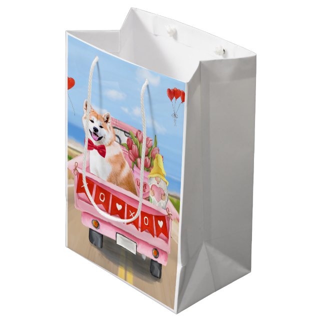 Akita Dog Valentine's Day Truck Hearts Medium Gift Bag (Front Angled)