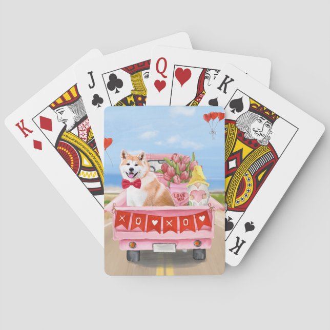 Akita Dog Valentine's Day Truck Hearts  Playing Cards (Back)
