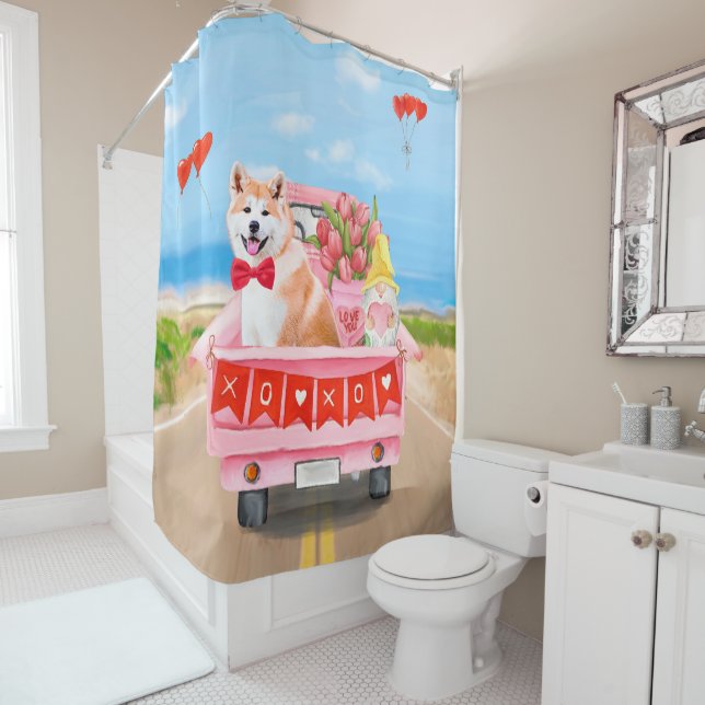 Akita Dog Valentine's Day Truck Hearts Shower Curtain (In Situ)