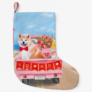 Akita Dog Valentine's Day Truck Hearts  Small Christmas Stocking