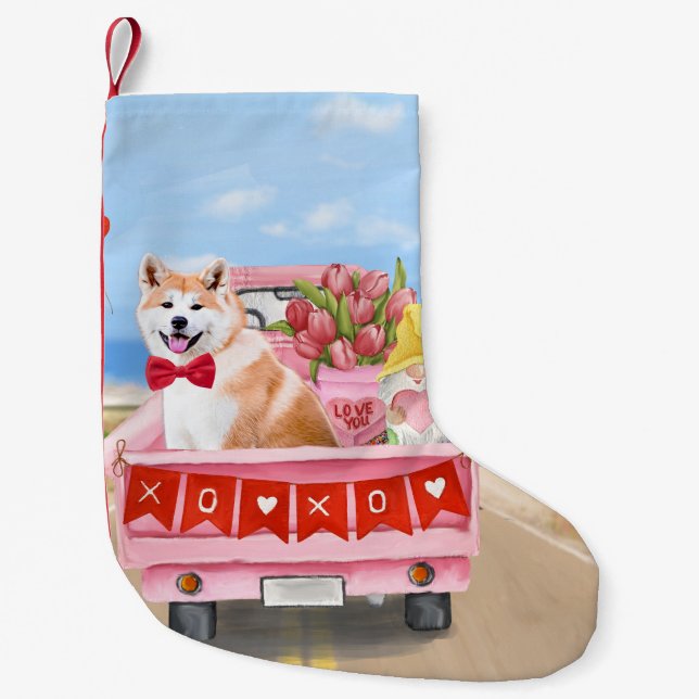 Akita Dog Valentine's Day Truck Hearts  Small Christmas Stocking (Front)